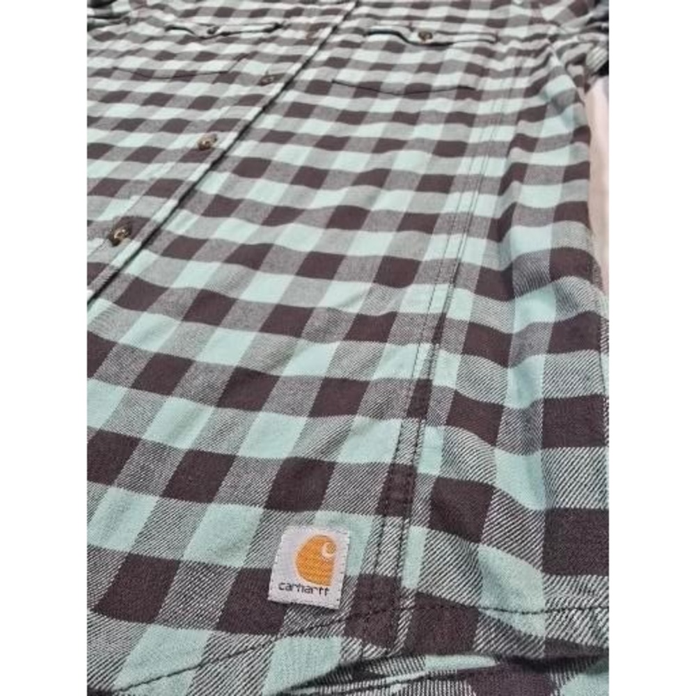 Carhartt Womens Small Green Brown Plaid Flannel Work Shirt Casual Button Up - Picture 3 of 9